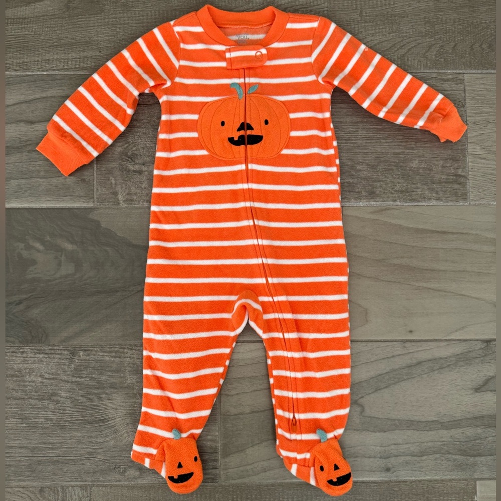 Striped Orange Pumpkin Fleece Footie Pajamas